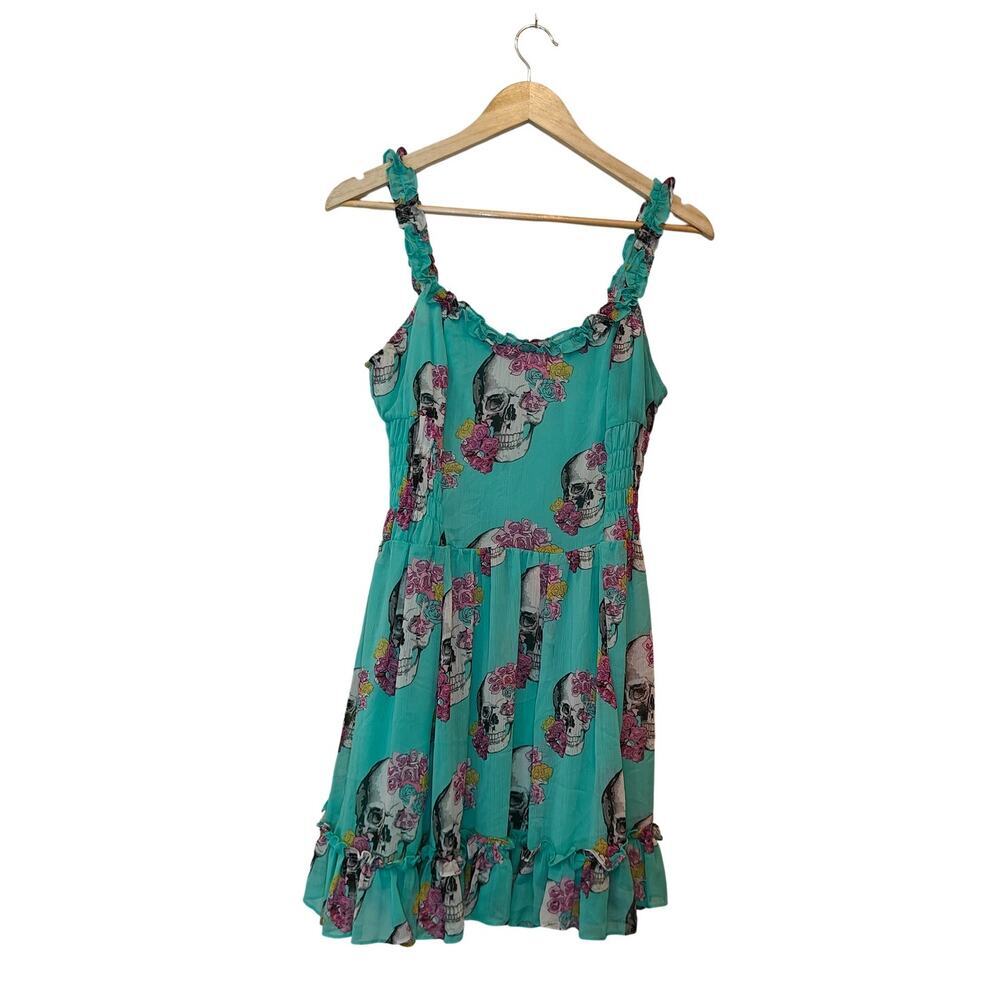 Royal Bones Skull Floral Dress Mint Green Ruffle Hem L - Picture 3 of 5